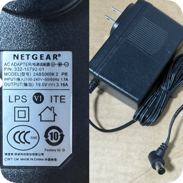 *Brand NEW*Netgear White-Label Power Adapter (Model 2ABS060K2PR) 19V 3.16A Right-Angle Connector Lar